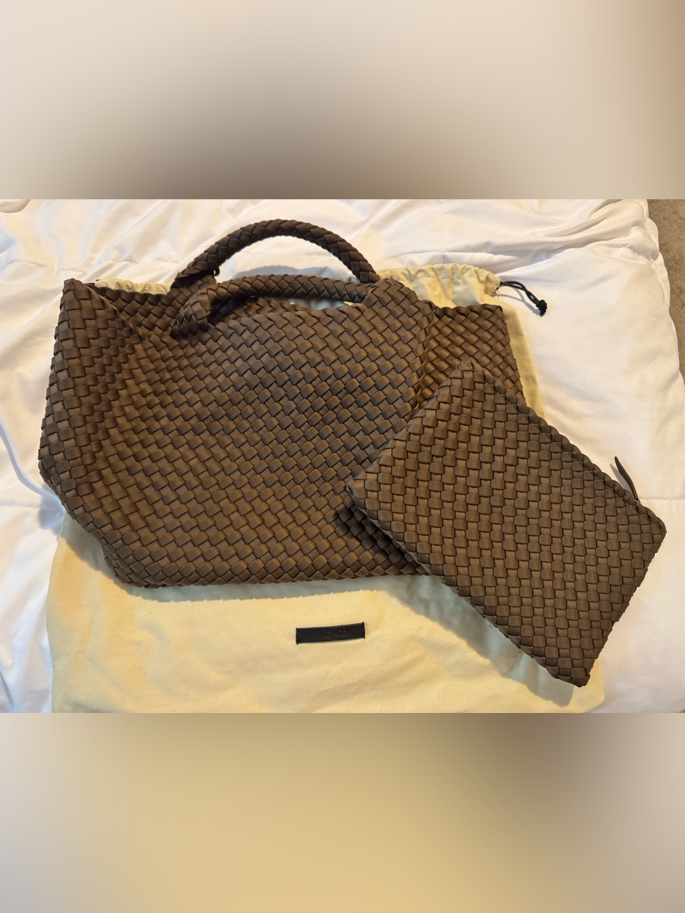 St. Barth’s Medium Naghedi Brown Woven Tote with Matching Pouch